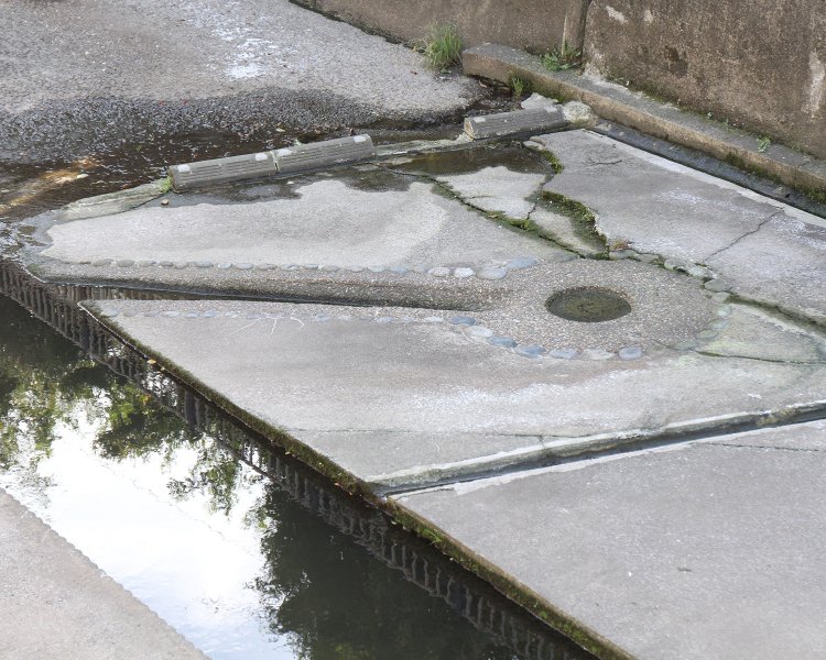 原寺分橋湧水。コンクリートの割れ目から、少し水が湧いているのが見えた。近くに湧水の仕組みを解説する看板も。
