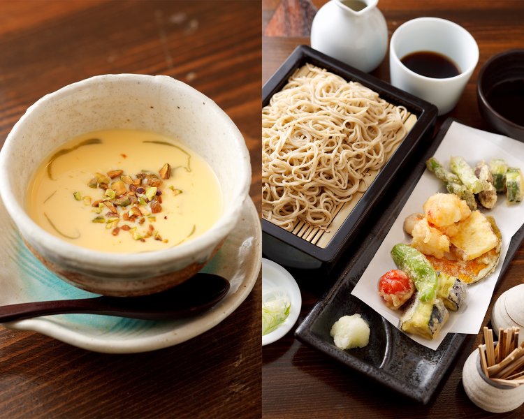 ダッタンそば茶プリン450円と、季節野菜のバラ天せいろ1650円。ダッタンそば茶を使ったミルクプリンで、ピスタチオをトッピング。絶品！