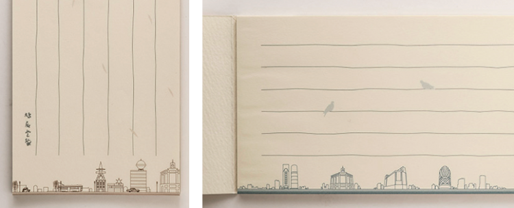 昭和の銀座の懐かしい街並みが描かれた（左）と、銀座四丁目交差点の＂今＂を描いた（右）一筆箋 銀座418円。