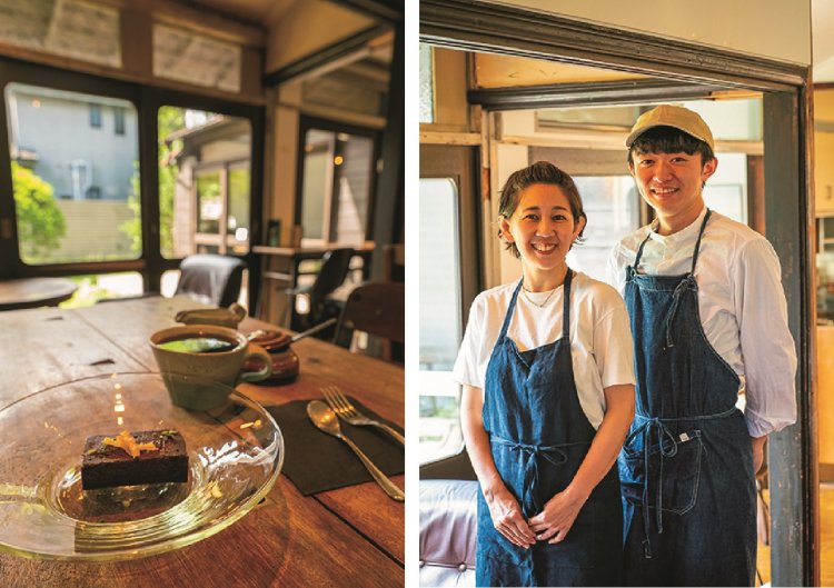 店主の岡﨑友美さんと店員の竹岡さん。柑橘とチョコレートのテリーヌ680円とセットドリンクのTUTUJIブレンド500円がおすすめだ。