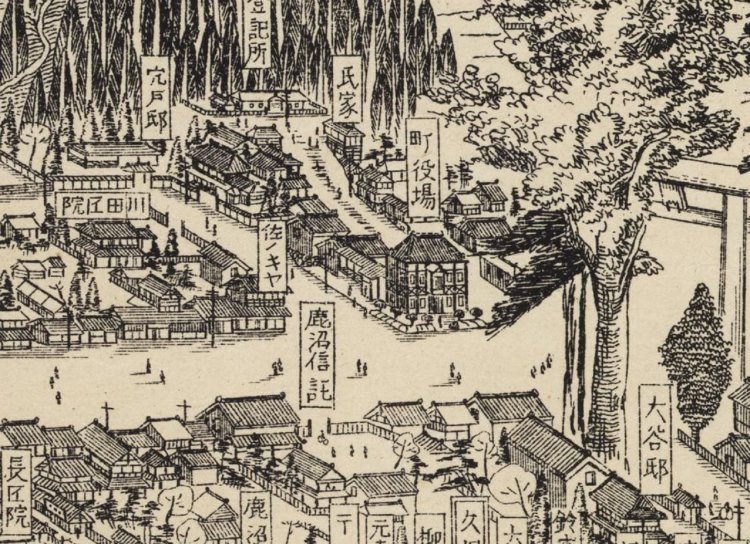 大正9年（1920）の実景図。現市庁舎付近には当時から行政機関が集まっていた。