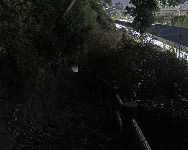 右の白い光の連なりが新神戸駅。そのすぐ裏から北野道の闇が始まる。