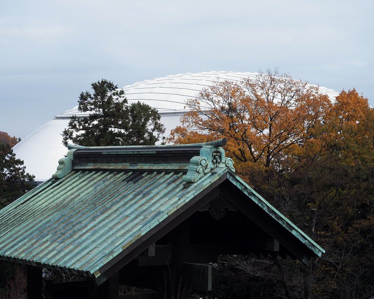境内からは、西武ドームの屋根が見える。西武の応援前にお参りすると御利益があるかも。