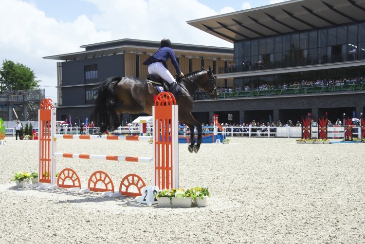 右の建物はインドアアリーナ。競技場にはフェルトを混ぜた国際基準の砂を輸入して敷き詰め、周囲に仮設席を建築中。