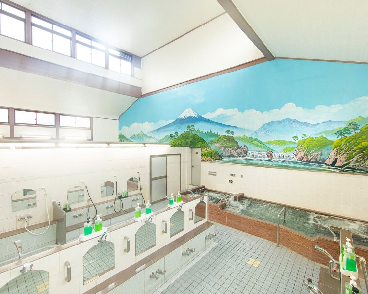 銭湯絵師・中島盛夫氏のペンキ絵が胸をすく。内湯は薬湯、寝湯、電気風呂などを用意。