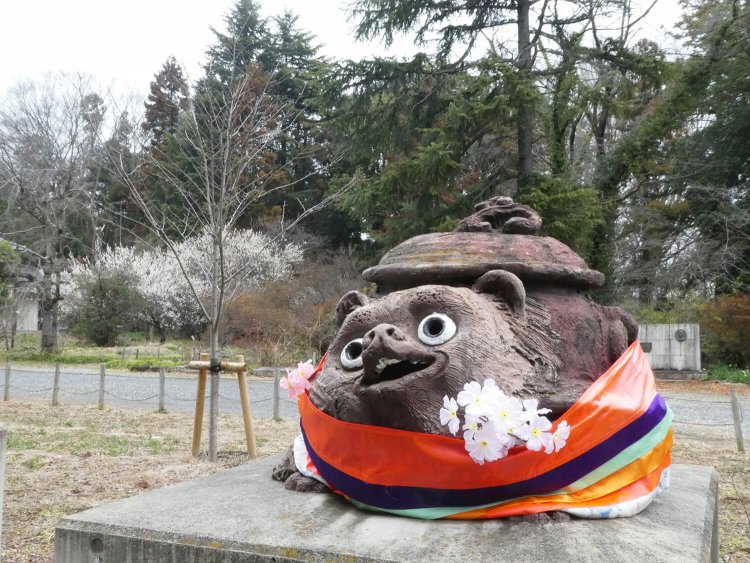 時期ごとに装飾が変わるタヌキたち。撮影したときは桃の節句の装飾だった。