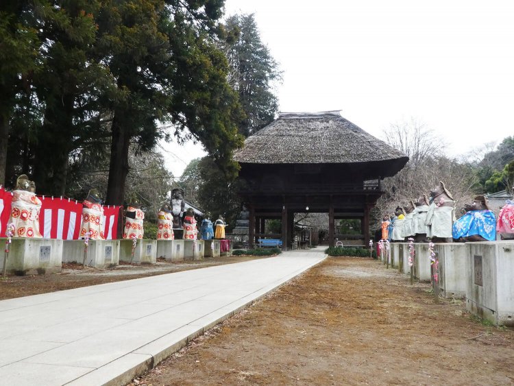 茅葺きが見事な山門。参道にはタヌキの像が。
