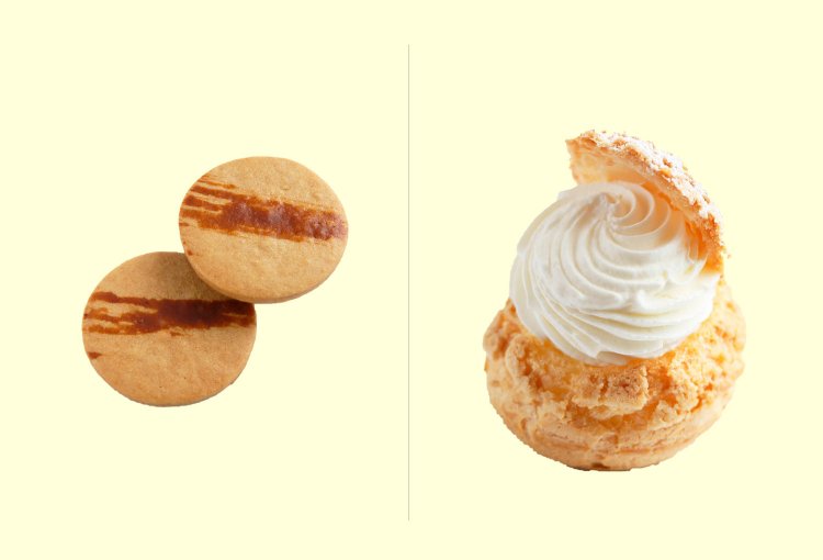 しょうゆほんのりさぶれ２枚入り190円（左）／シュークリーム200円（右）。