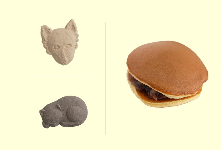 和三盆各種70円。黄な粉（狐）、ブラックベリー（猫）などフレーバーもさまざま。どらやき230円（右）。