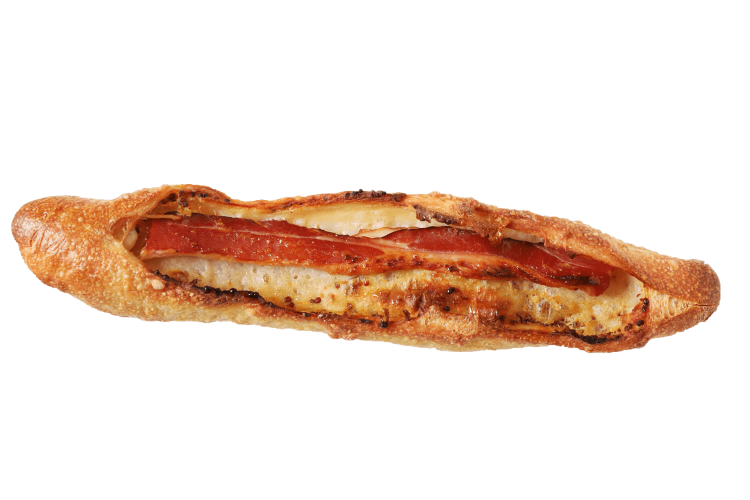 ベーコンとマスタード220円は、バゲットに肉汁がしみこみ、マスタードと相性抜群。