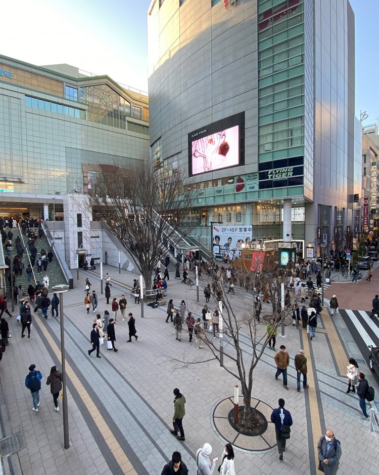 東南口改札、階段下の東南口広場。シャレた新宿観光案内所もある。