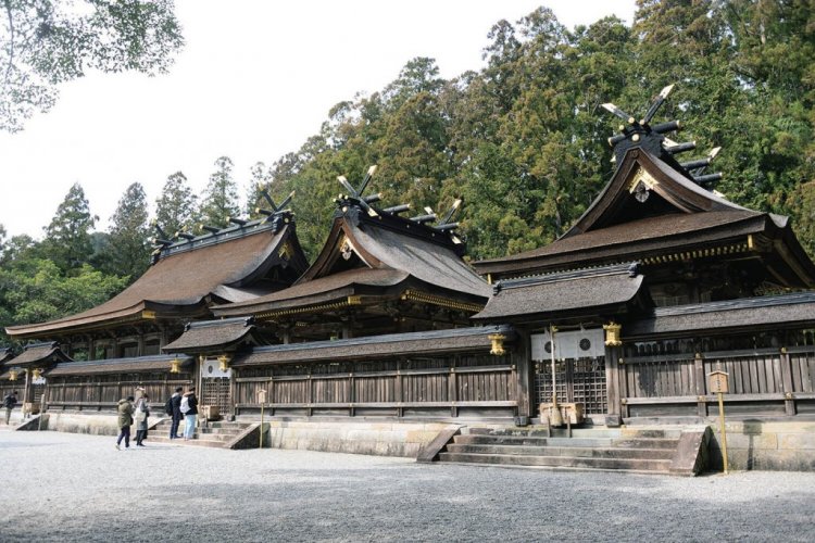 檜皮葺きの社殿。右から２番目の第三殿が証誠殿（しょうじょう でん）。