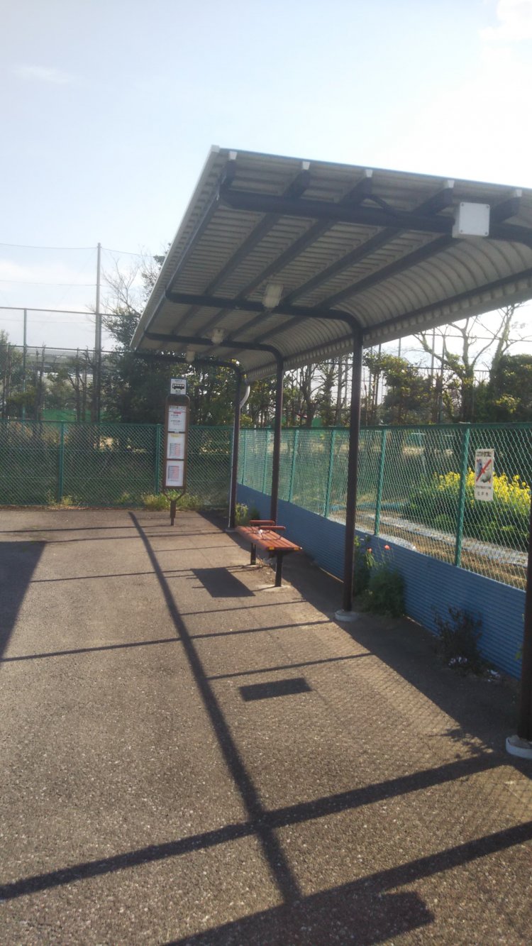 京成バス「松31系統」矢切の渡し停留所。周囲は松戸市特産「矢切ねぎ」などの畑が広がる。