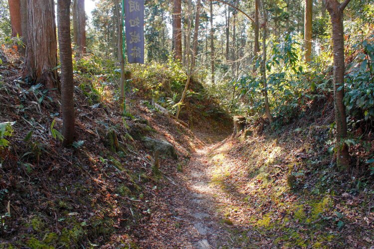 東から南へと伸びる堀底道。