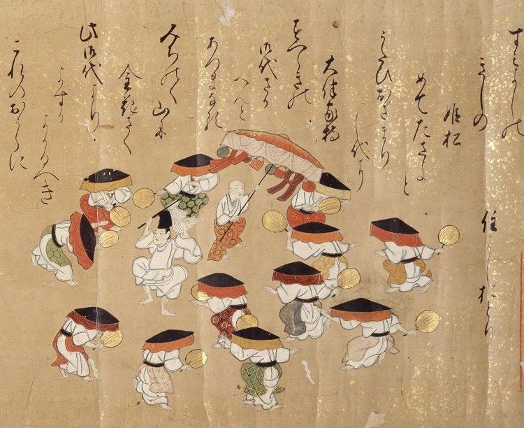 8種の民俗舞踊が描かれた江戸初期の肉筆彩色絵巻「おどりの図」。こんなふうに密になって外で踊れる日、早く来るといいですね。（出典：国立国会図書館ウェブサイト）
