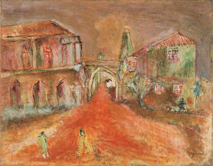 池袋からアトリエ村に帰る時の近道として通り抜けていた立教大学。 （小熊秀雄 《夕陽の立教大学》 1935年　油彩、カンヴァス　豊島区蔵）