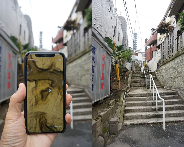 地形図を見ると四方が崖に囲まれていることが分かる荒木町。目の前の景色とあわせて見ると、「確かにここに池があってもおかしくないな」という実感が湧いてくる。