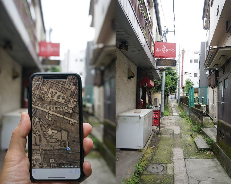 この細い路地も明治期からあったもの。