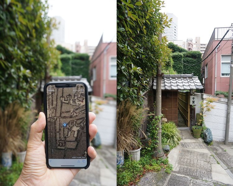 荒木町の風情がよく表れた、旧料亭『千葉』の前の坂道。この道も明治期には存在していた。