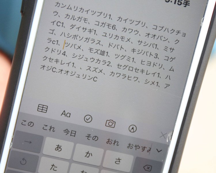 当日見られた鳥をスマホでメモ。渡り鳥の種類の変化や、新たな鳥の飛来の発見に役立つ。
