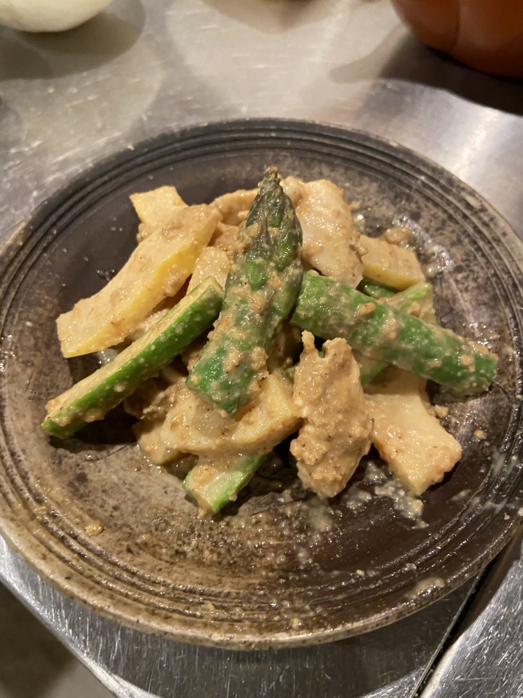 鳥むね肉とアスパラと竹の子の和え物