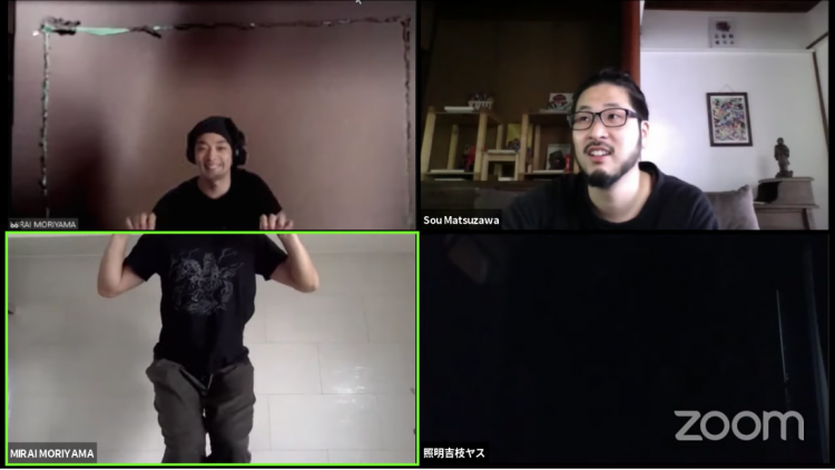 ディベート後の5月9日、森山さん、松澤さん、吉枝康幸さん（照明）による「セッション 8：ZOOM クリエーショントライアル」の様子