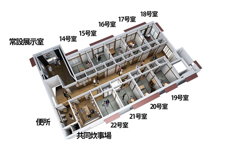 2階。当時を再現したマンガ家の部屋、マンガを描く体験の部屋、トキワ荘の歴史や暮らしを紹介する部屋など、各部屋に趣向が凝らしてある。昭和の建築としても注目ポイント多し。