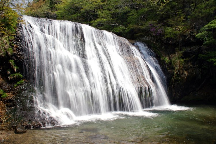 水遊びしたくなるほど清流の滝。木々に囲まれ新緑や紅葉が美しい。
