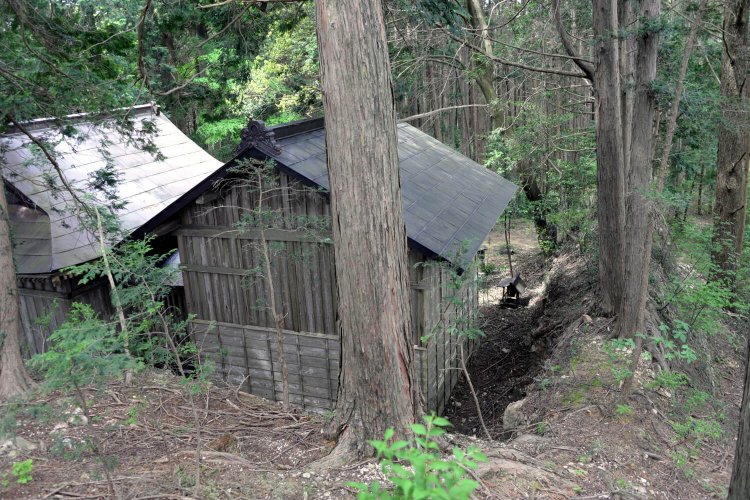伯耆根（ほうきね）神社が鎮座する玉生要害山。土塁も城の遺構か。
