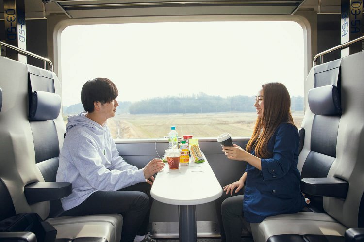 大きな車窓に各席テーブルが設置されているのがうれしい。乗車前に食べ物や飲み物を買おう。席に電源も付いているので移動中に充電も。