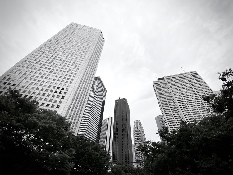 思わずモノクロで撮影してしまう。奥のモード学園コクーンタワーは2008年竣工。