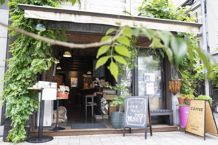 植物に覆われた外観。