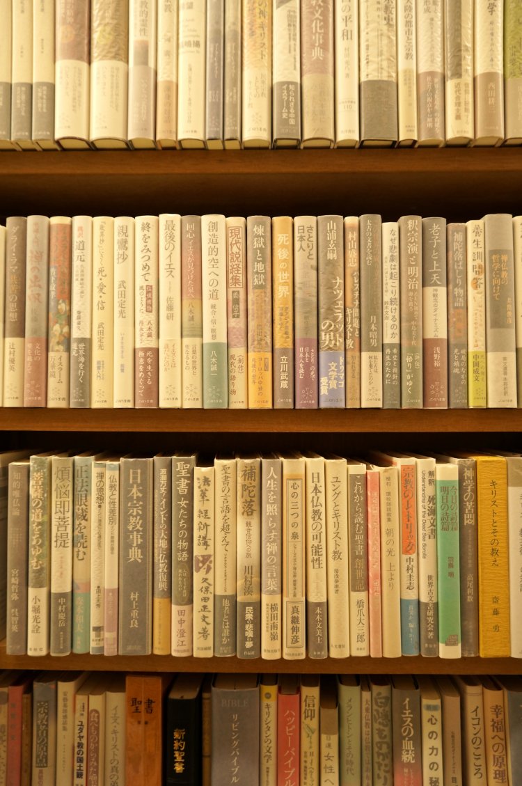 薄く透けて見える本の背がきれい。