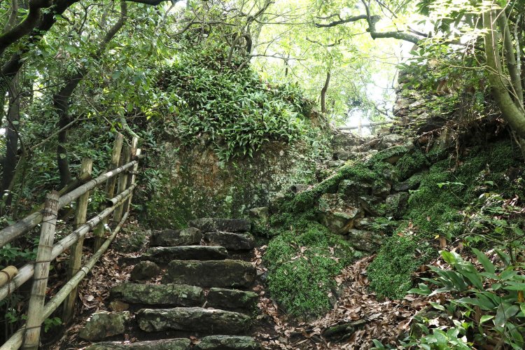 天守から裏門へ。岩と岩の間を縫うように下る。