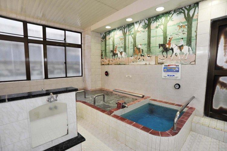 女湯は手前の青い湯を張った浴槽が日替わりの薬湯。