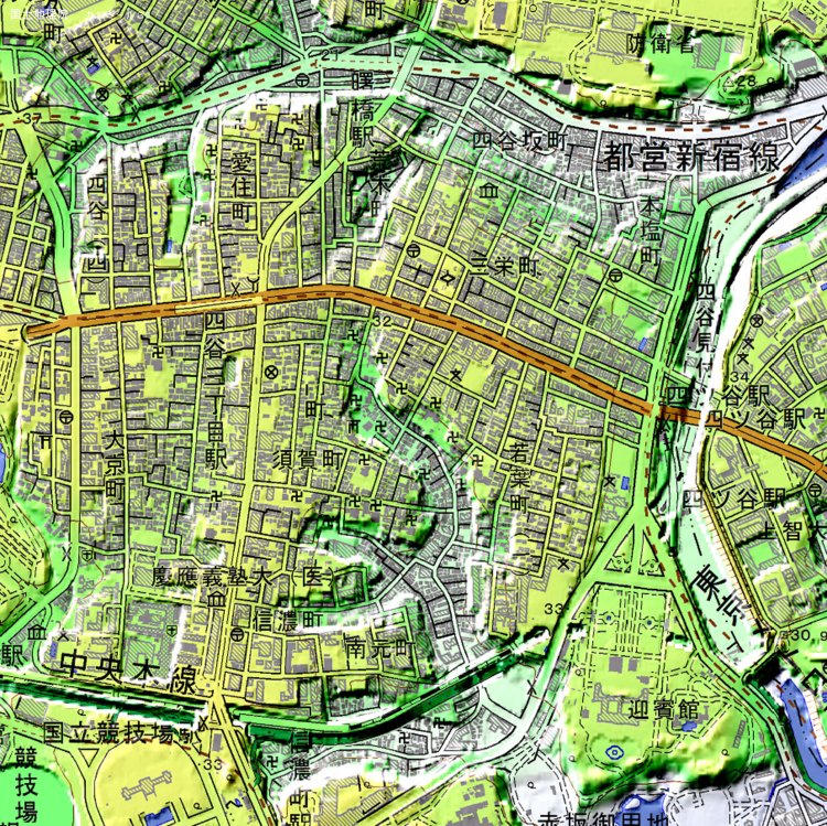 カシミール３Dで作成した四谷の地形図。