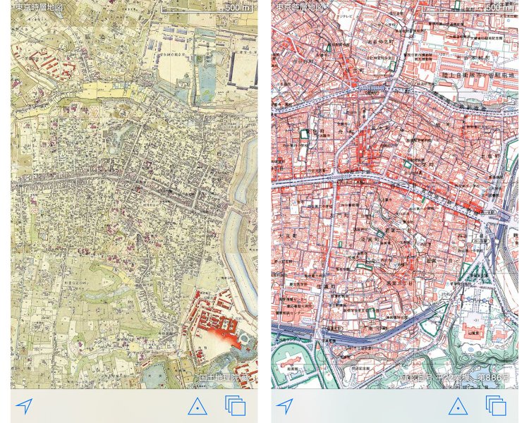 アプリ「東京時層地図」の画面。左が文明開化期、右はバブル期の四谷荒木町。