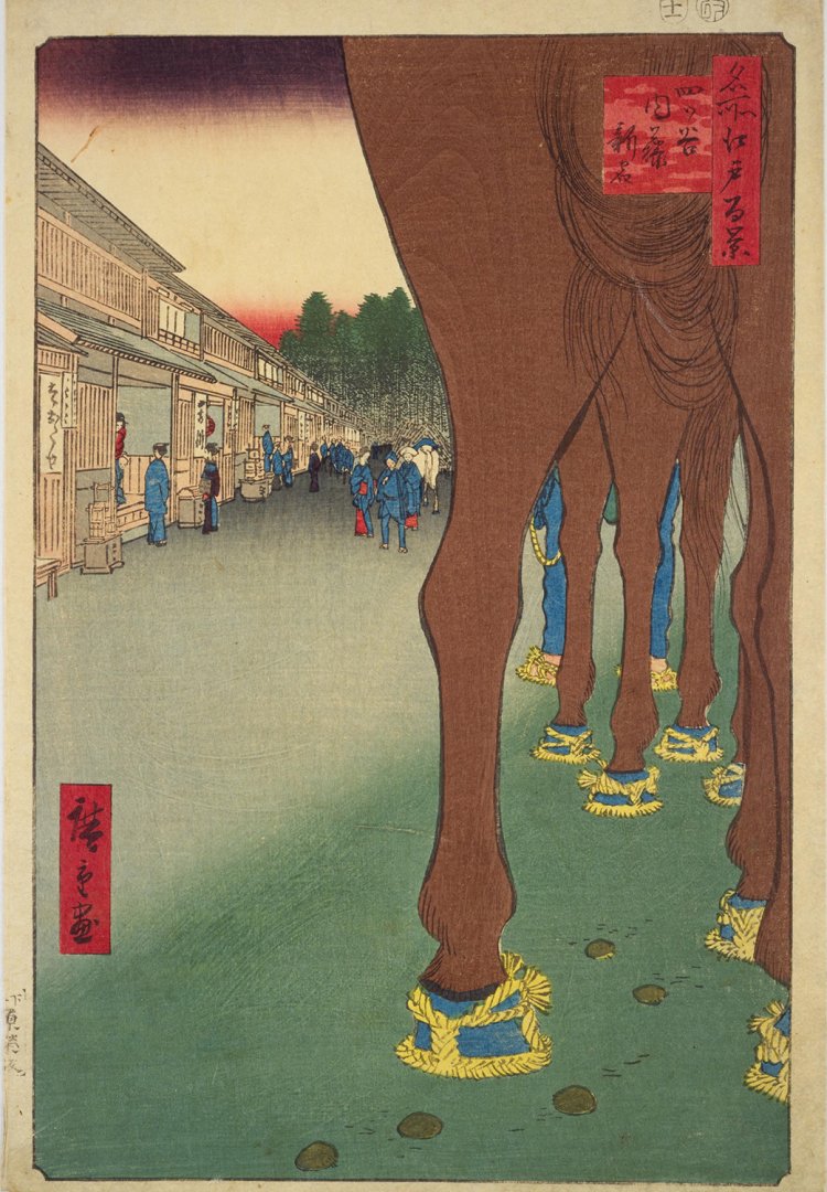 歌川広重の名所江戸百景の『四ツ谷内藤新宿』も題材は馬。足元には馬糞もしっかり描かれている（国立国会図書館デジタルコレクションより）。