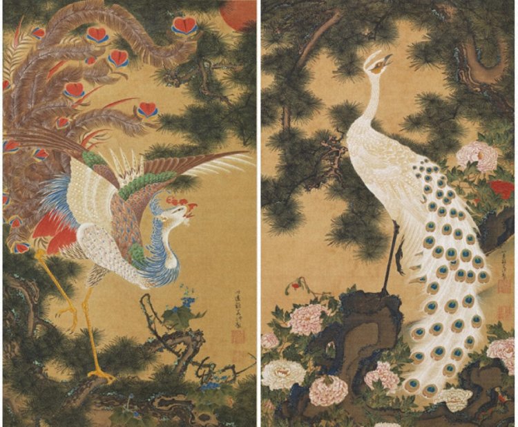 伊藤若冲「孔雀鳳凰図」（部分）宝暦5年（1755）頃　重要美術品　岡田美術館蔵