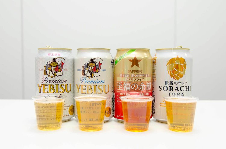 左からヱビス 吟醸262円、ヱビス 雫262円、ビアサプライズ　至福の余韻227円、サッポロ SORACHI1984　275円。