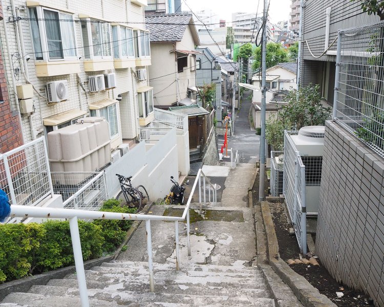 地図【E】地点から、池だった場所を見下ろす（編集部注）。