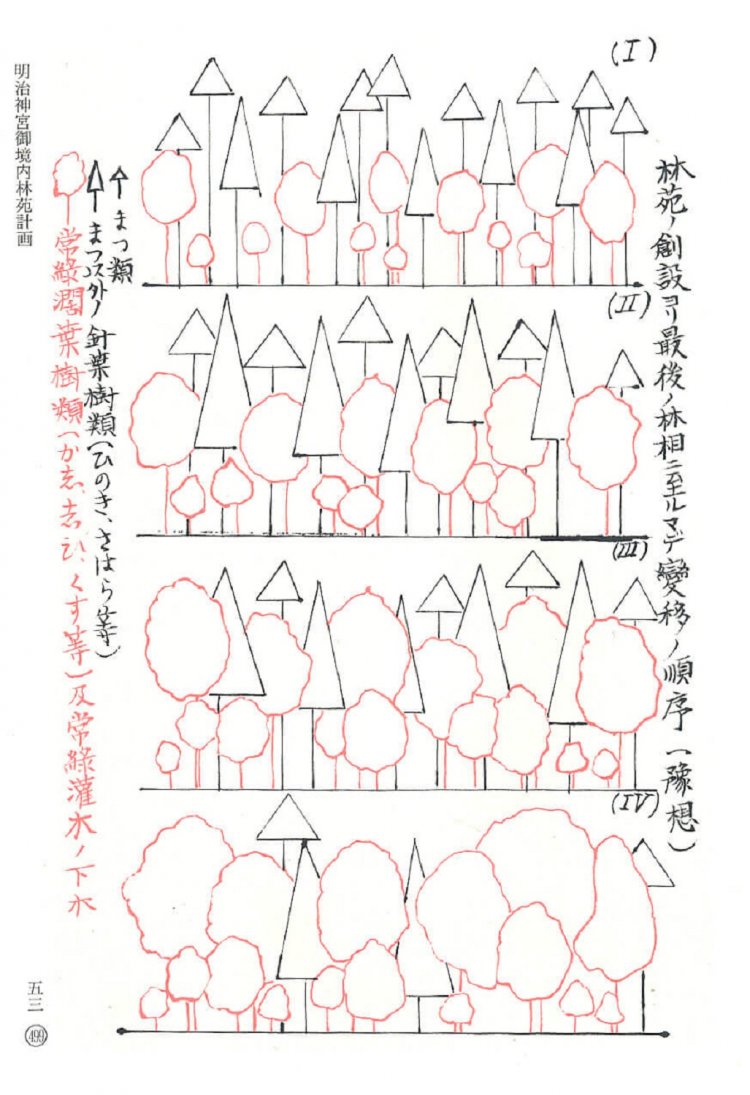 『御境内林苑計画』。針葉樹類から広葉樹類へ移り変わると予想した。