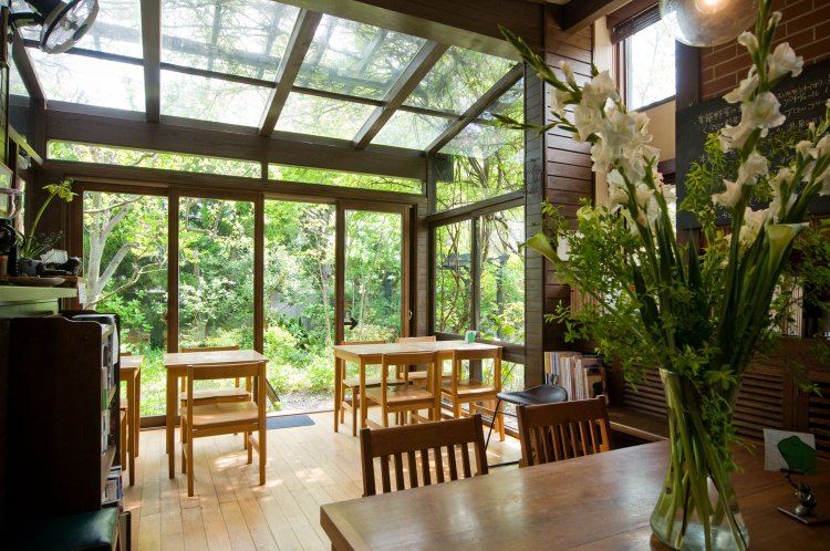 モッコウバラなどに覆われた温室のような店内は、席や時間帯で景色が変わる。