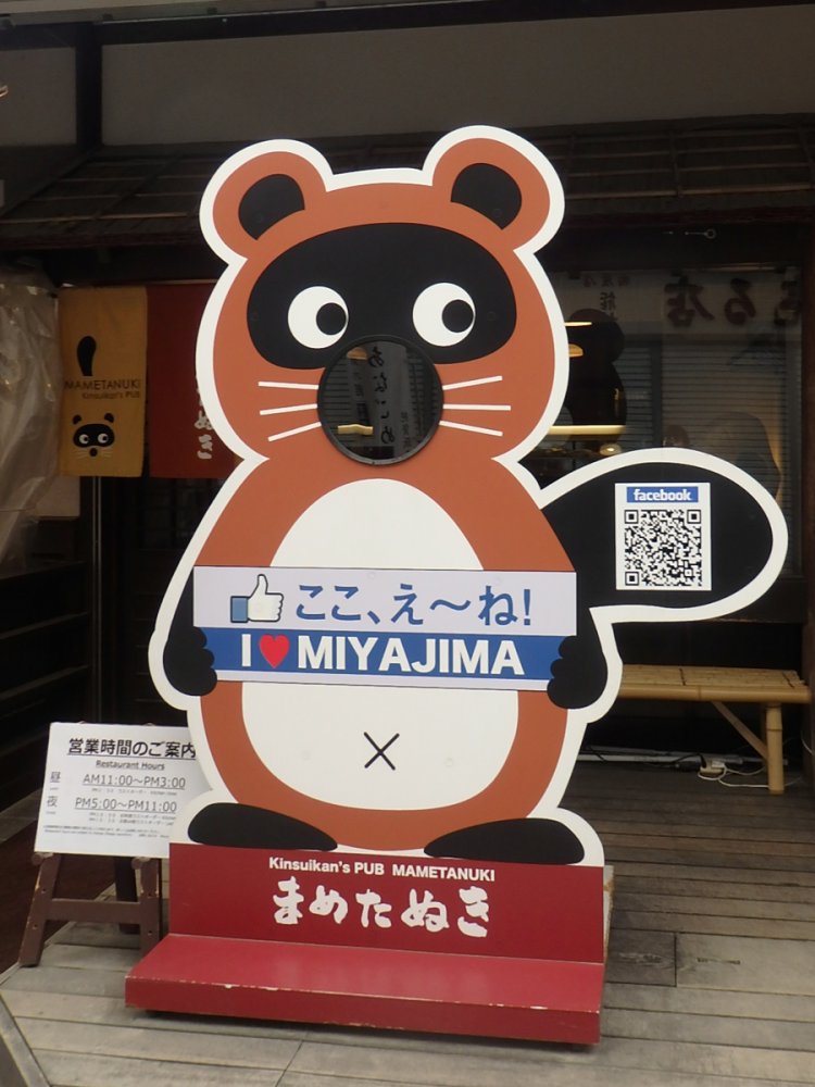 宮島のタヌキ顔ハメ。顔の上に目が来るスタイル（2018年）