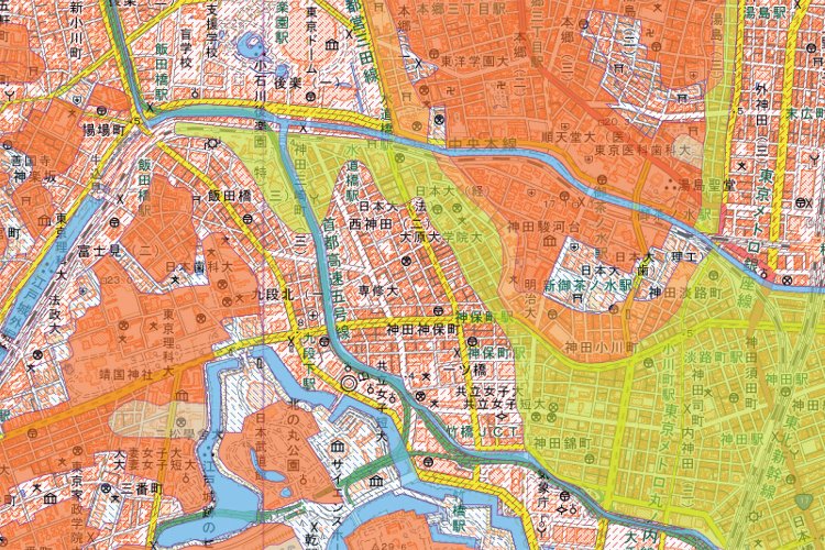 神保町周辺の土地条件図。（国土地理院ウェブサイトより）