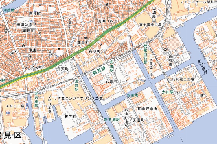 浅野駅、安善駅、武蔵白石駅周辺の地図。（国土地理院ウェブサイトより）