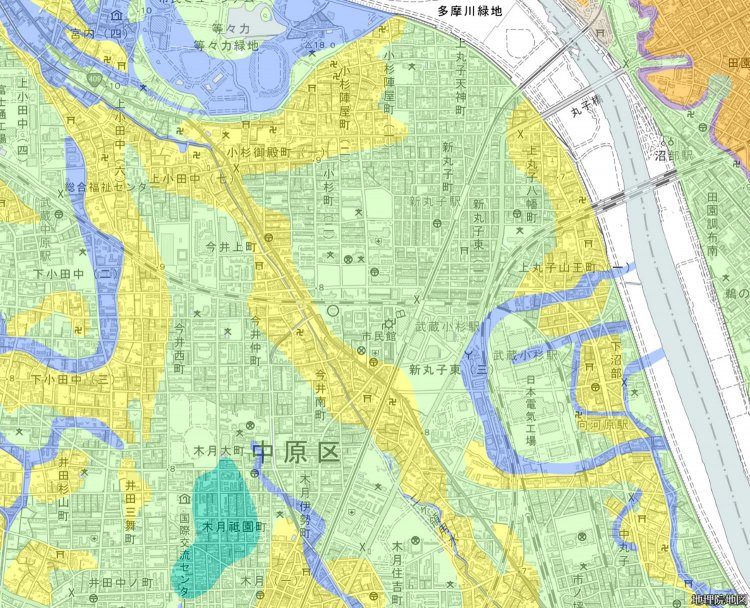 JR武蔵小杉駅周辺の土地条件図。（国土地理院ウェブサイトより）