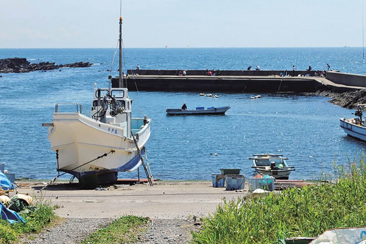 佃嵐崎の先の入り江部分に小さな栗谷浜漁港がある。港内には釣り人が多い。