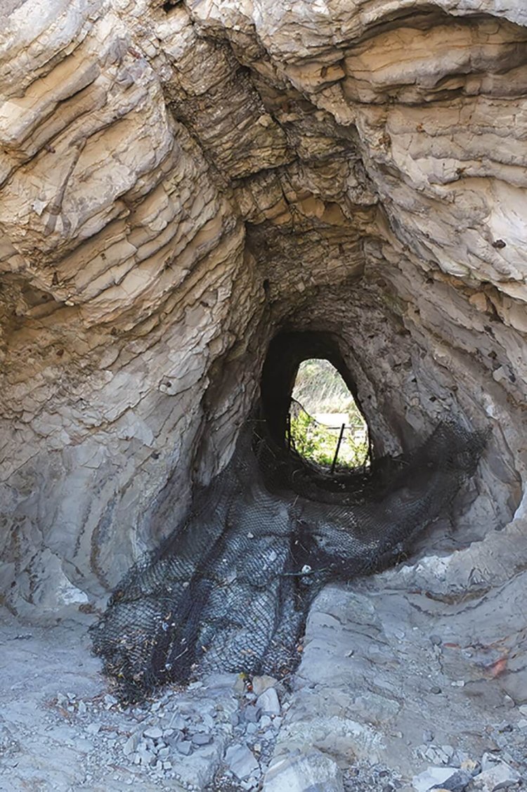 荒崎海岸沿いにある十文字洞。海岸が浸食されてできた海蝕洞で、内部で十文字に交差する珍しい洞。現在は立ち入り禁止。