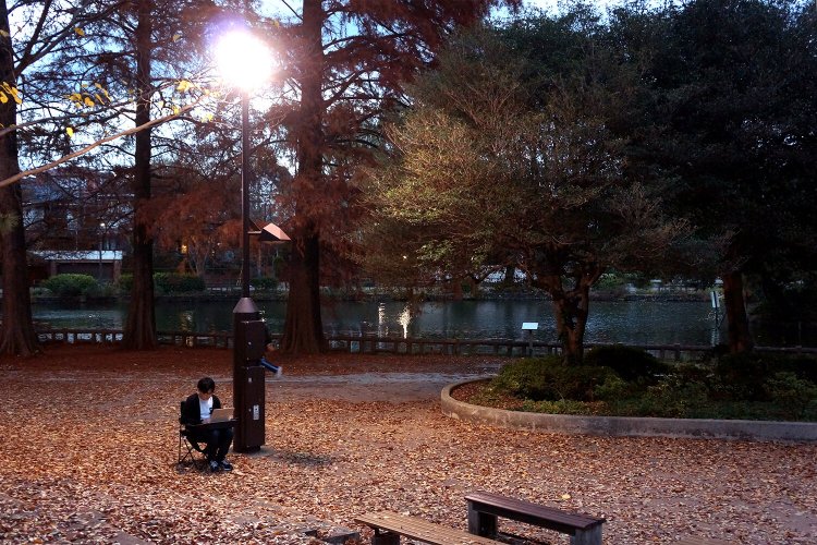 残る最後の原稿は、秋の日暮れの早さに追われ、街灯の下で書いた。